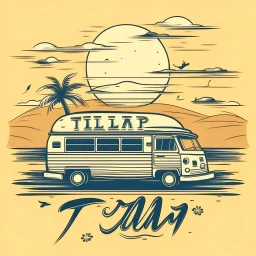 A retro camper van parked by the ocean, nostalgic, carefree, golden hour lighting, T-shirt design graphic, vector, contour, white background. WITH A FISH BEHIND IT AND WORDS\"Summer is a time to relax \"IN WHIT LET-TERS.THE BACK