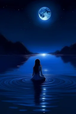 girl from the river, by night, moon in the sky, blue light from the water, diamond in her front,