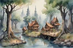 fantasy watercolor painting of an elf village at the edge of a dark forest along one side of the bank of a huge river. with round buildings embedded in tree trunks. small dock along the bank.