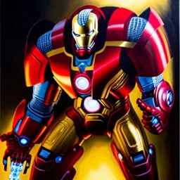 fullbody portrait in oil on canvas of Ultron Villain with Big Golden and Red Hulkbuster armor, intense stare, masterpiece, realistic, intricate detail, sci-fi fantasy style, volumetric lighting, particles, highly detailed ,cinematic , deep colours, 8k, by Kaare Andrew and Robert E Howard and Ken Kelly