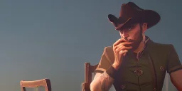 cowboy sitting in a chair lighting up a cigarette