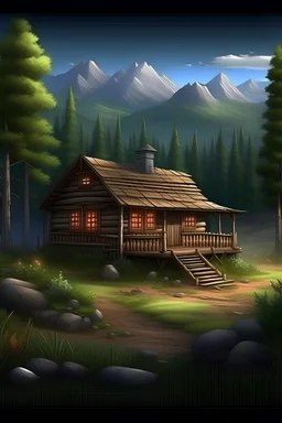 summertime dream cabin in the woods, mountains, trees, realistic