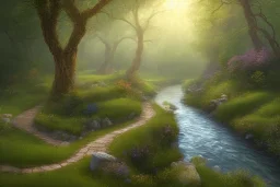  winding stone path lit river