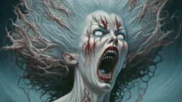 "The Wilhelm Scream of Imaginary Dead Wives" in the style of Michael Hussar and Walter Van Beirendoncks; features a ghostly figure of a woman with windblown crazy hair and mouth wide open in a scream, surrounded by intricate details such as twisted branches, ominous clouds, and hidden symbols. The image is meticulously crafted with an award-winning level of detail that invites the viewer to explore its mysterious depths.