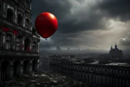 one red party balloon on sky over one little dark old city,, high realistic, storm, gloomy, surreal, ruins, professional photo, cinematic, utopistic