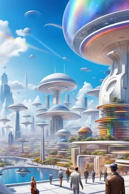 ville futuriste ultra moderne, ufos, rainbows,intergalactic city