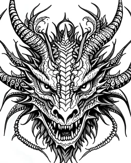 Dragon with Horned Heads, black ink, white background, only black lines and white background, centered on canvas, clean background