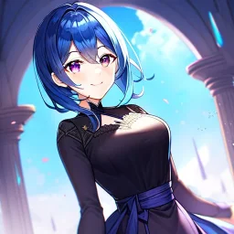 Girl, blue hair, Purple eyes, dark mori, smiling