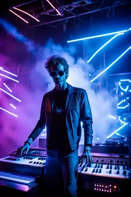 French cool synth player, he is called "Jean-Maurice Brûlée" performing at dance club, his name is "Jean-Maurice Brûlée" , white and blue Neon lights and smog, and "URANIUM" big sign on the wall, he is playing on synthesizers on stage with lot of laser beams and wearing black sunglasses