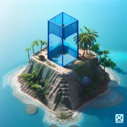 The Isometric Glass Tall Box Mini Model Little Real Island shape smooth Mixed Water Fall Under Ocean Sunshine Summer Background Blue Sea, The Last Of Us / Avatar, Octane Render / ZBrush, Cinematic, IMAX Film, Nikon D750, 16K, Autostereoscopy, Anthropomorphic, Golden Ratio, Geometry, Symmetric, Depth Of Field, Highly Detailed, Ultra Realistic, Beautiful Lighting, Halfrear Lighting, Soft Light, Candoluminescence, Cast Shadow, Reflective, Glow, Translucent, Normal Map, Carbonated --testp