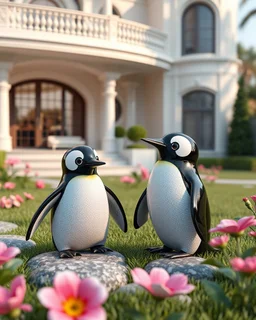 Generate image: Generate image: Generate image: A macro 3D render of a cute, lovely Penguins,made of Transparent rubber. is landing in yard of a luxury villa next to flowers ,subsurface scattering and gelatinous texture . High-quality CGI, octane render, 8k resolution, whimsical, adorable, clean composition. long shot ,4:3