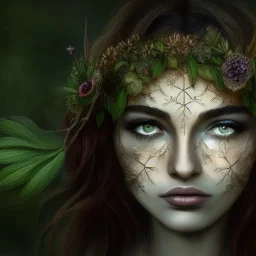 Portrait of beautiful girl, plant, metal, feathers, Dryad, fae, sidhe, ominous, nature, plants, wildflower, facepaint, dnd character portrait, intricate, oil on canvas, masterpiece, expert, insanely detailed, 4k resolution, retroanime style, cute big circular reflective eyes, cinematic smooth, intricate detail , soft smooth lighting, soft pastel colors, painted Renaissance style,bokeh, 800mm lens