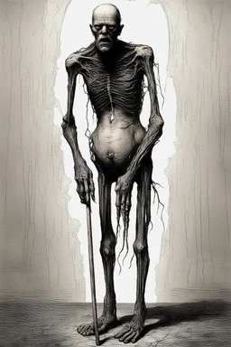 The full body of a fat old man , use the face in the picture , holding a cane , front view camera, decayed and rotting with grotesque proportions and imagery. surreal horror, biomechanical design, by hr giger and beksinski , fine lines draw