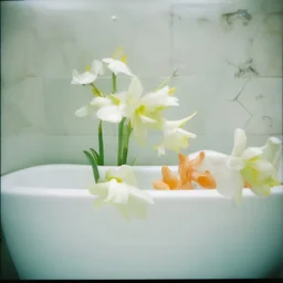 Freesias in the bathtub, polaroid