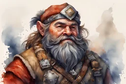 Create a watercolor fantasy portrait of a dwarf prospector. Durim is a sturdy dwarf with a broad build, his muscular frame testament to years of hard labor in the mines. His face is weathered, adorned with scars earned from countless battles against both nature and the creatures of the wilderness. His beard, a fiery red, is braided and adorned with small trinkets and tokens of luck. He wears practical leather armor, reinforced with metal plates, and carries a warhammer slung over his shoulder.