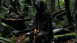 black hooded monk before stone altar in the forest