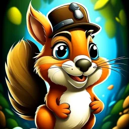 Cute squirrel. He is a delightful creature. Smiling. Imaginative and captivating our hearts with his vibrant beauty. He has big eyes that sparkle with kindness, innocence and joy. A wonderful cartoon character. He wears a black hat, jeans, and a white shirt. An isometric cartoon character. Emphasis and focus on the character. amazing . Nice and innocent. Delightful. Fantasy graffiti style focus and precision on character. A simple yellow background, and at the same time attractive and full of lo