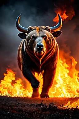 a mix between a bull and a bear, bestial and fearsome, over a field of ash and fire, darkness, high image resolution