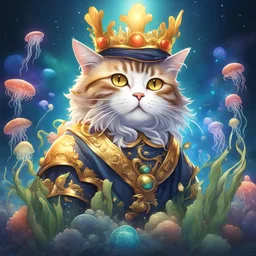 the mixture between a cat wearing a golden crown and a jellyfish logo in Japanese anime style, plants, seagrasses, galaxy, epic, corals, pirate's treasures