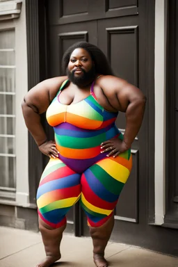 Massively obese black woman with a beard wearing a skin-tight rainbow leotard. Photograph.