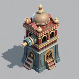 An ornate Ottoman-themed heavy cannon tower defense unit, featuring low detail. Designed as a cute, simple mobile game asset with an isometric view. The unit has a whimsical, decorative design, perfect for Unity or Blender projects. Textured in Substance Painter.