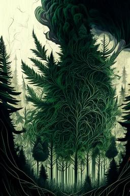 Sketch a composition where intricate smoke patterns transform into a forest of towering trees made entirely of crushed weed leaves, filling the canvas with a surreal and visually captivating asymmetrical landscape.