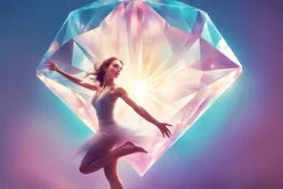 inside of a huge diamond a beautiful brunette woman dancing happily and dynamically, the diamond is in the opened palm of God, S<AI in sunshine, ethereal, cinematic postprocessing, shiny metallic pastel watercolor