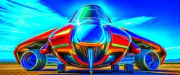 A national geographic award winning photograph of a military fighter jet station wagon elephant hybrid bilaterally symetrical designed by skunkworks, only one vehicle per image painted metallic orange traveling at a high rate of speed, jet intake off of front center of vehicle and jet exhaust out the rear with bright blue flame soviet retrofuturism