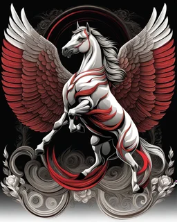 Art illustration lineal art Pegaso caballo alado calidad ultra, hiperdetallado, 12k, fondo negro, color blanco, rojo, negro y marrón full body