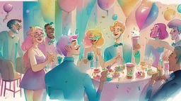 Illustration of adult party, animated, cartoon, pastel colors, fantastical, watercolor