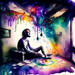 create a watercolour painting , a drug-addicted person is depicted sitting in a dark and dingy room. However, their mind is depicted as a vibrant and colorful dreamscape. The room's walls are covered in mystical symbols, and the person's eyes are closed, showing the viewer the fantastical world they are escaping to in their drug-induced reverie. Strange and beautiful creatures roam this surreal landscape, and the person's addiction is portrayed as a thin, ethereal thread connecting them to this