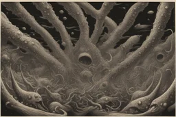 View from a spaceship into a natural event horizon in space with many enormous strange tentacled creatures, with huge mouths, flying around in the black