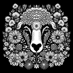 black and white. sheep face between seeds and big flowers. black background. for a coloring.