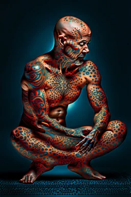 a full body display of a beautiful man with cancer, his skin composed of cancer shaped cells, they cover his entire body like a tattoo, symbolic for wearing his illness on the outside, no hair, in a dramatic pose in a photo studio, he sits with his face slightly hidden as he is shamed, lighting with focus on skin, ultra photo realistic, 32k, highly detailed,. selective colors