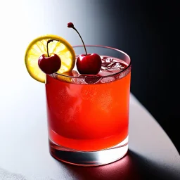 close up of a Cherry Vodka Sour Cocktail, perfect cherry garnish, lemon slice, artistic arrangement, photograph, intricate details, hyperfocused, cinematic lighting, mixology magazine picture