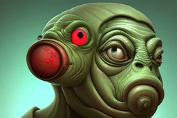 Digital illustration of a (((Vogon))), characterized by green skin, red eyes, and a large nose with rotten teeth. Art style inspired by surrealism and grotesque aesthetics. Background: bureaucratic setting. Use a fish-eye lens for a distorted perspective. Influenced by artists on Dribble and Deviantart. High-resolution image emphasizing the absurd and repulsive nature.Alchemy v2 dynamicLeonardo Diffusion XL