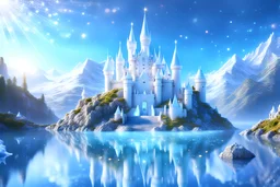 A beautiful photo hyper realistic shiny white huge cosmic crystal transparent and luminous faery castle on blue hills in the background in the sky, crystals water, diamonds, glitter smalls white and littles stars, white and glitter, cosmos, 4k, ultra details, real image with intricated details, unreal engine 4, bokeh