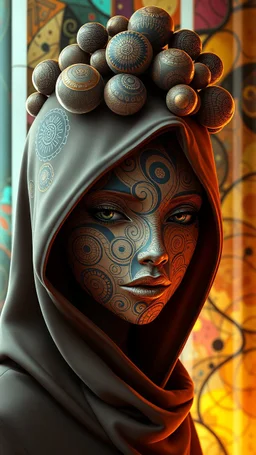 A digital artwork of hooded women face adorned with intricate patterns and designs. The figure's face is covered in swirling lines, circles, and other abstract patterns in hues of mocha, navy and gold. Her head is hooded uniquely decorated bubble-like structures. The background is a colorful glass , with abstract patterns that complement the figure's design. The overall ambiance of the image is dreamy and surreal.