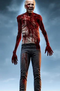 realistic image, joe biden zombie, zombie posing, arm cut and bleeding, amputated leg, night, walking with a limp, waist up view, dark ambient, highly detailed, sky background, concept art, unreal engine 5, god rays, ray tracing, RTX, lumen lighting, ultra detail, volumetric lighting, 3d, finely drawn, high definition, high resolution.