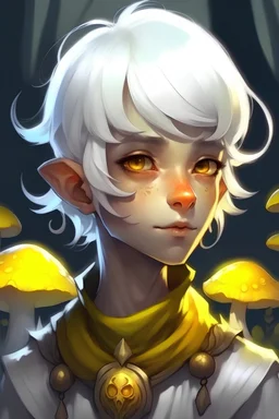 um elfo cinza jovem de 19 anos, olhos amarelos brilhantes e com cabelos brancos espetado pra cima fusionado com uma forma de rei cogumelo em forma humanoide