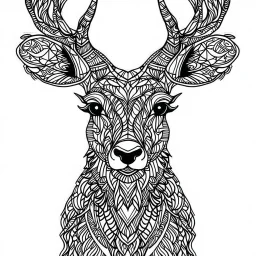 Deer, front view, mandala, minimal lines, cartoon, white back ground color, real style, realistic, minimalistic, minimal black line art, line art, crisp line art, unique coloring sheet, outlined, outline, crisp, crisp line edges, illustration, thin lines, crisp clear lines, line art, clean line art, unique, 8k, amazing, masterpiece, no colors, no dark color, no black color, avoid thick black, minimalistic line edges, pure white back ground, image character full fit to page,