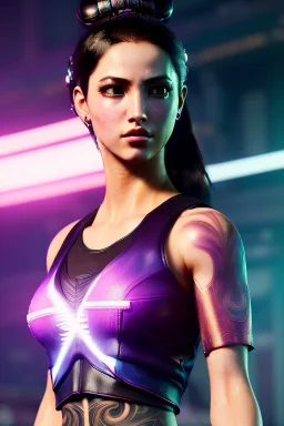 Waifu, Athlethic Young woman, futuristic fantasy assassin character, portrait from waist up, intricate eyeliner, vibrant eyeshadow, clear completion, soft lighting, 4k resolution, intricate details, insanely detailed, white tank top, vibrant Japanese style tattoo sleeve, colorful cityscape background, masterpiece, expert, cinematic smooth, retroanime style, realistic details