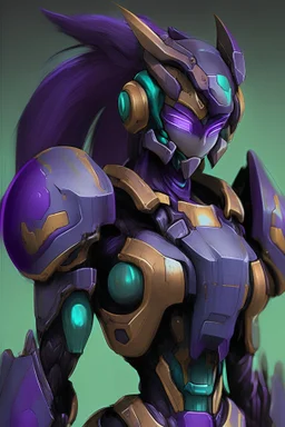 One Genderless Cyborg made of old rusted metal, has a human like face with a really long violet ponytail, the armor is similar to Omega from Megaman. The color palatte of the armour is deep purple and yellow. They have Turquoise colured eyes. The Background is dark grey.