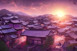 a cat on the roof, a town in japan, sunset reflecting on the roofs, purple colors, illustration, epic, fantasy, hyper detailed, smooth, unreal engine, sharp focus, ray tracing