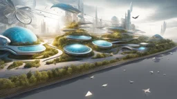 город будущего 2050, сказка, сияние, абстракция, вид с высоты птичьего полета,