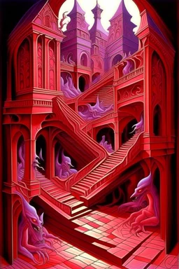 A violet red fiery demonic realm with ghosts painted by MC Escher