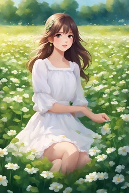 a girl in a white dress sitting in a field of clovers, portrait of girl in flower field, girl sitting in a flower field, girl standing in flower field, realistic cute girl painting, girl frontal in a flower field, in a grassy field, sitting in a field of flowers, cute anime girl portrait, portrait anime girl, girl standing in a flower field