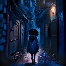 A woman with dark brown skin and black hair walks through an alleyway with deformed fuzzy buildings, dark blue, magic, sparkle, fantasy