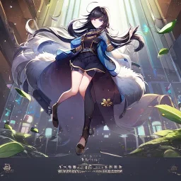 Clear focus,High resolution, black long fluffy hair, long fluffy bangs, purple eyes, wearing a uniform outfit, front hair cover eyes, wearing a short skirt, full body, splash art