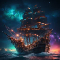 zombie pirate ship on the sea, starry colorful cosmic night sky, bright colors, glowing sparkle particles, dark tone, sharp focus, high contrast, 8k, incredible depth, depth of field, dramatic lighting, beautifully intricate details, clean environment, epic dynamic scene